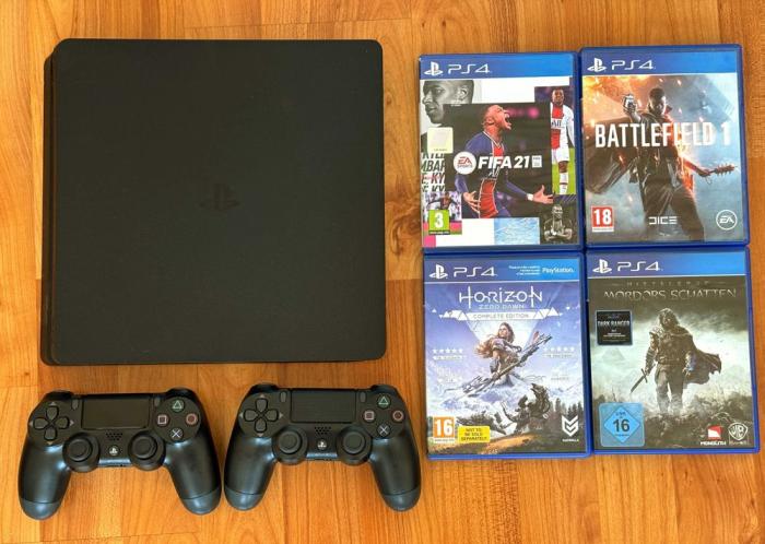 [ PS4 > 1000GB PlayStation 4 Slim с 2 джойстика и 4 игри